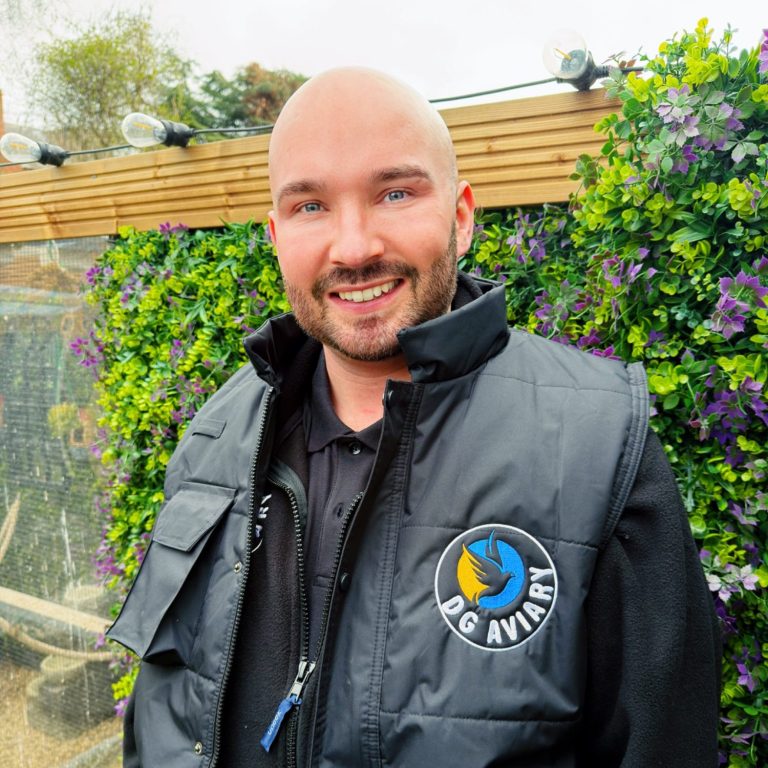 DG Aviary birds Dan stood inside aviary with canaries and finches for sale